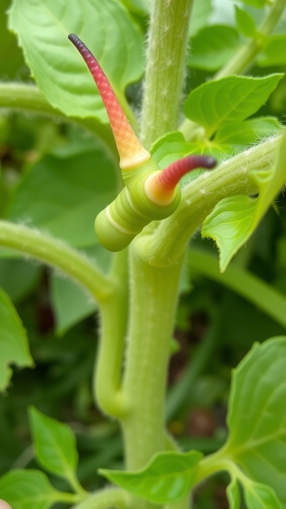 Close-up of a tomato hornworm on a tomato plant with green leaves.